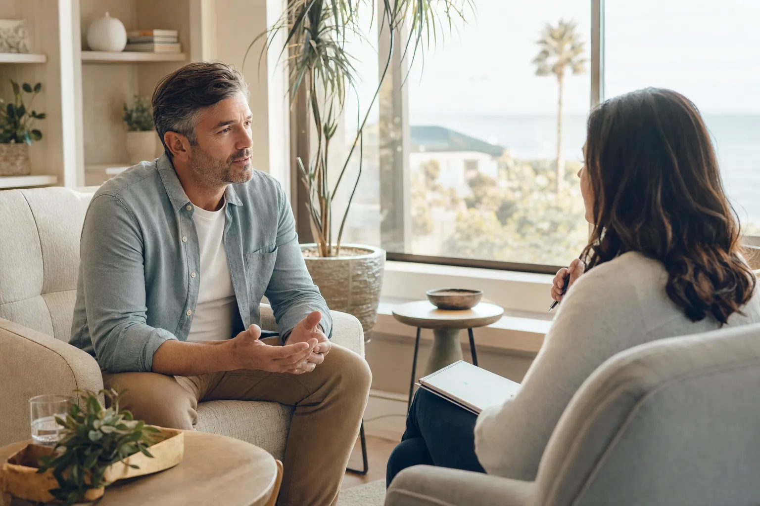A man in a supportive one-on-one conversation in a warm, sunlit office