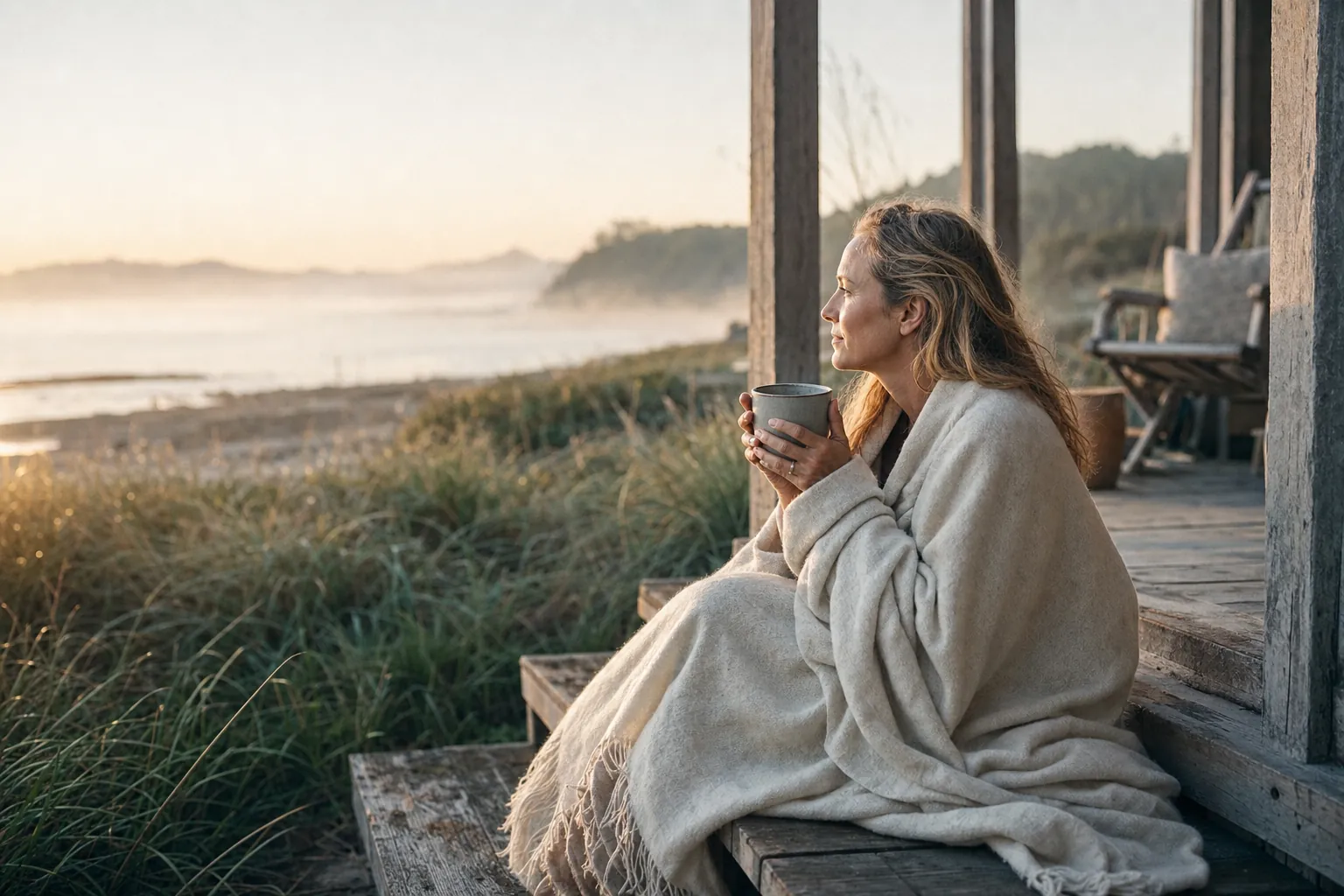 A woman wrapped in a blanket on a porch at sunrise, looking toward the shore