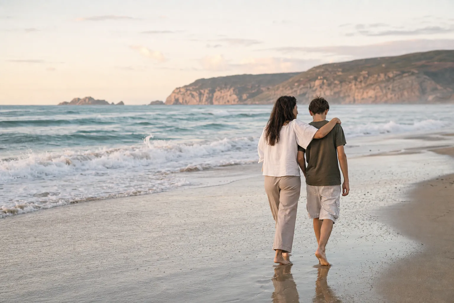 A mother and her teenage son walking together along the shoreline