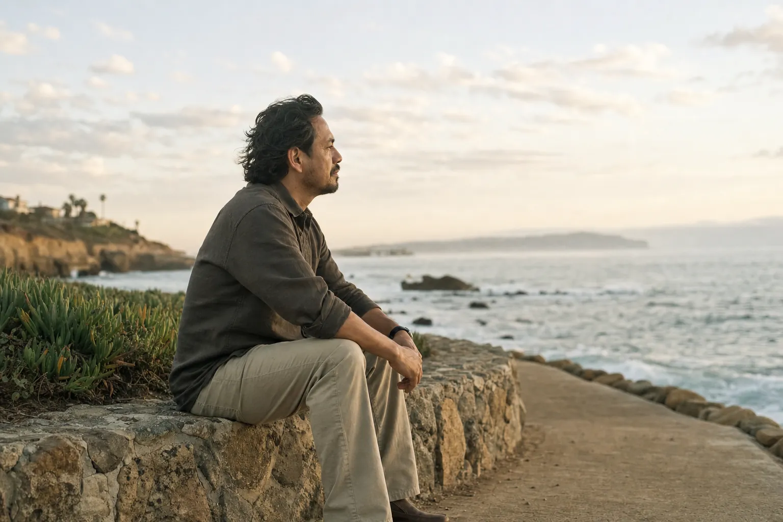 A man sitting quietly on a low seawall, looking out at the water