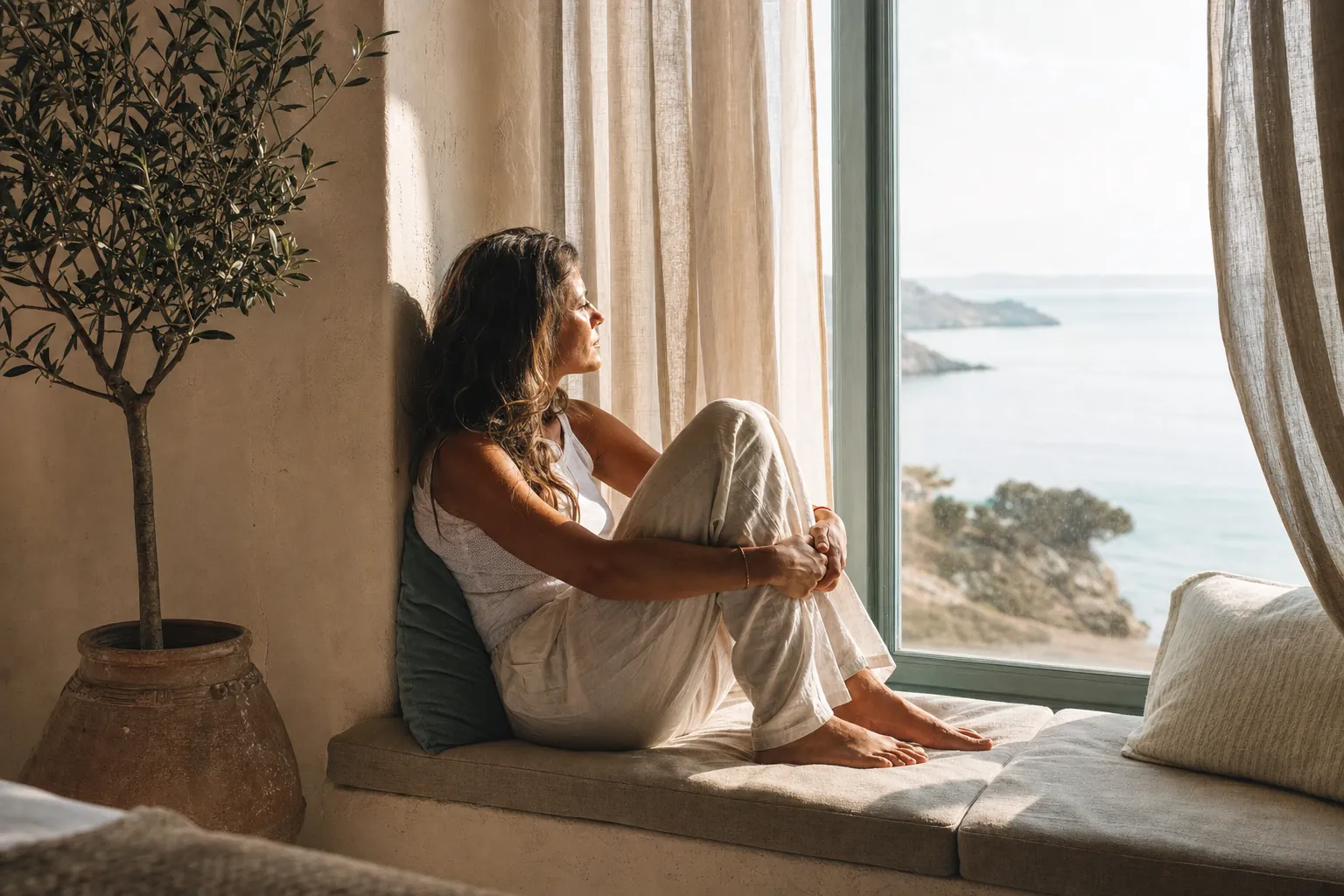A woman resting on a sunlit window seat, looking out toward the sea
